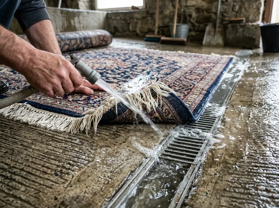 Szőnyeg rojtja és szegése öblítés közben, kézben tartott locsolófejjel, mosópadlón